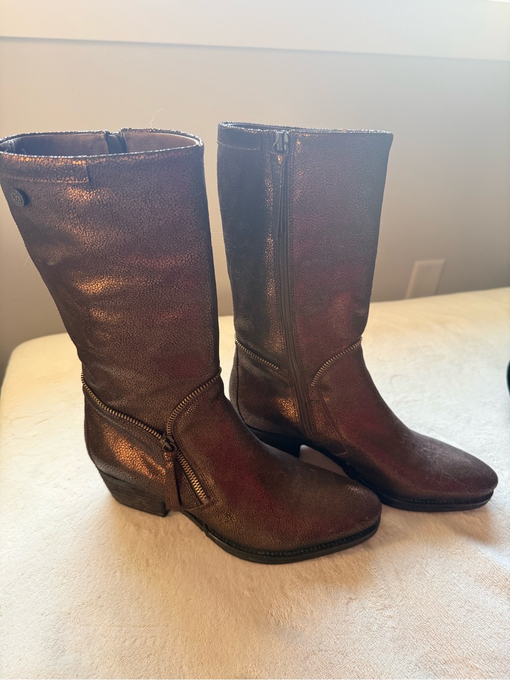Que Metallic Brown Mid-Calf Zip Heeled Boots